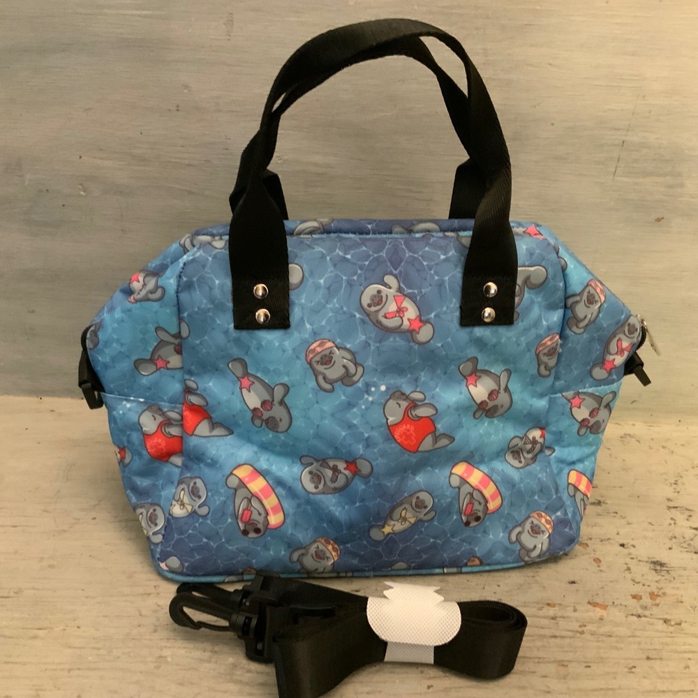 Multicolor Whimsical Floating Manatees Canvas Insulated Lunch Tote Bag Like New